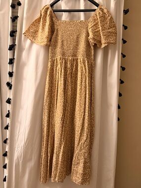 Yellow Floral Smocked Midi Dress